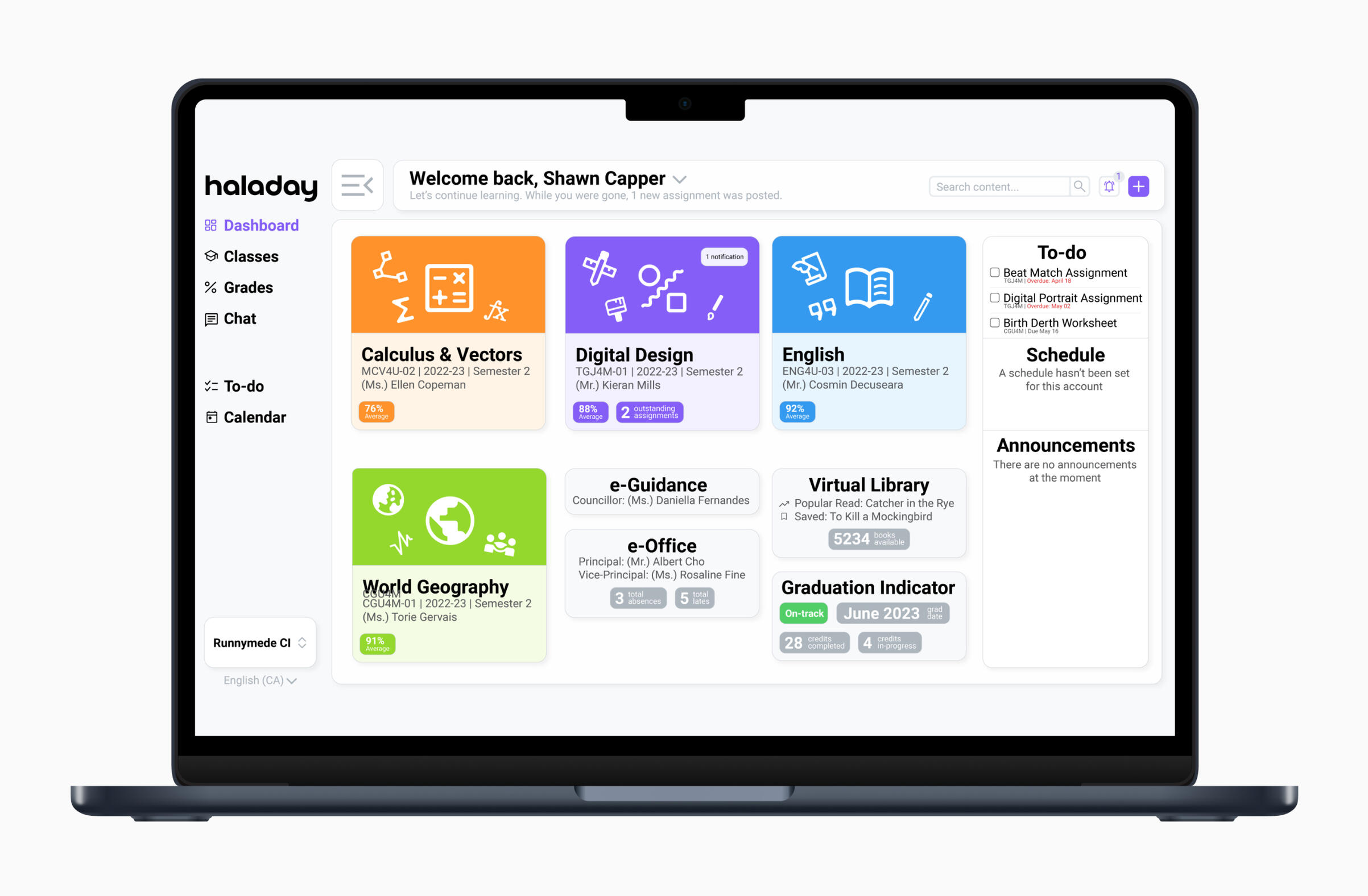Mockup of HaladayLMS from a student's perspective